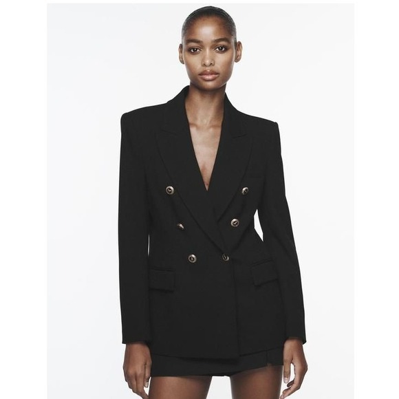Zara Black Tweed Double Breasted Blazer Gold Button Jacket Notch Lapel Sz XXL - Picture 1 of 15